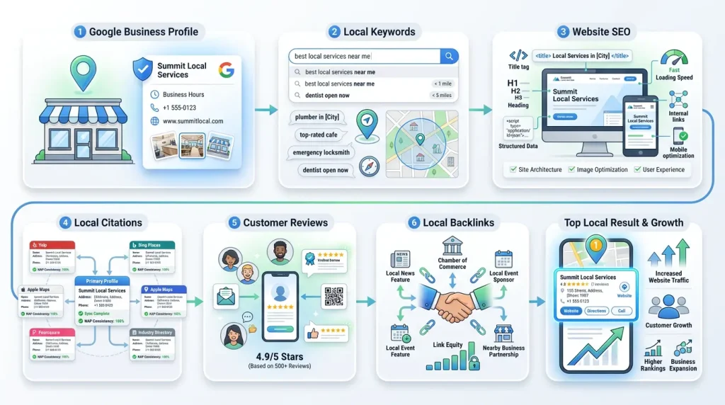 Six-step Local SEO infographic showing Google Business Profile optimization, local keyword research, website SEO, citations, customer reviews, and local backlinks leading to higher local search rankings and business growth.