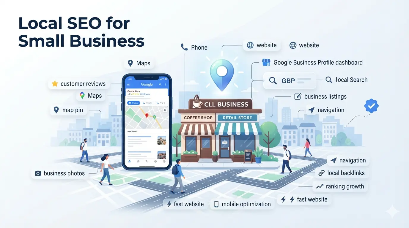 Modern infographic illustrating local SEO for small business, showing a storefront, Google Maps, customer reviews, Google Business Profile, local search signals, and ranking growth connected in a clean digital marketing ecosystem.