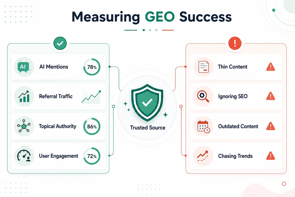 Dashboard-style infographic showing key GEO success metrics, including AI mentions, referral traffic, topical authority, and user engagement, alongside common mistakes such as thin content, ignoring SEO, outdated content, and chasing trends.