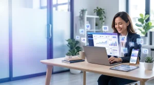 Small business owner managing social media marketing on a laptop.