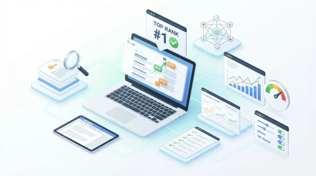Illustration showing SEO strategies to improve Google rankings