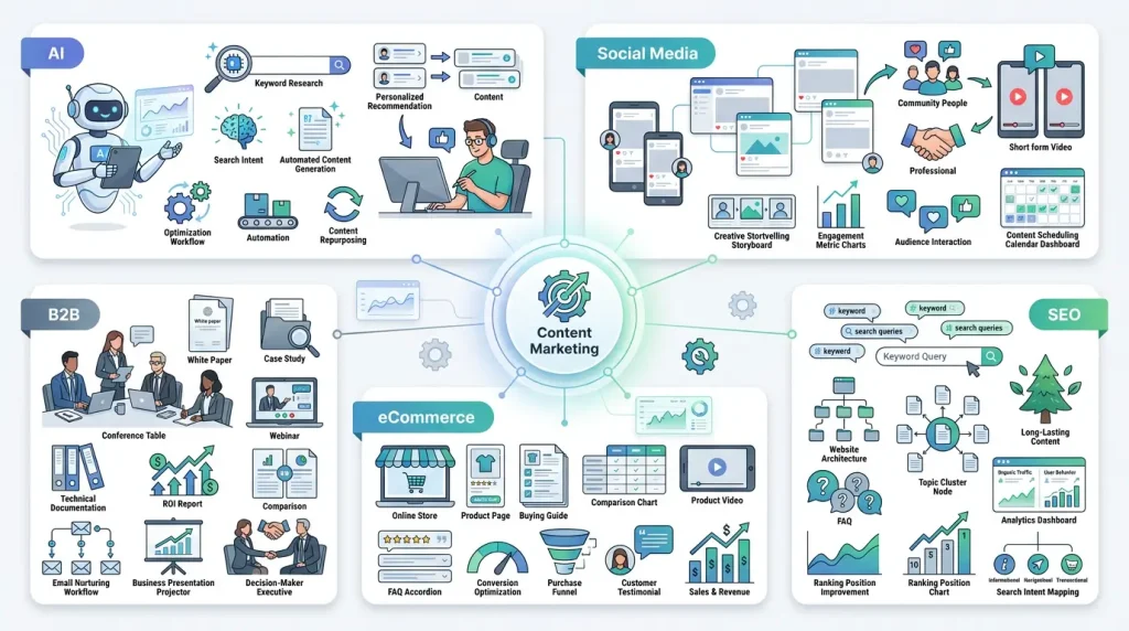 Modern landscape infographic showing five content marketing strategies—AI, social media, SEO, eCommerce, and B2B—connected through a central content marketing hub.
