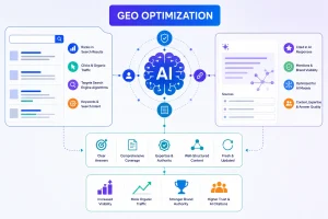 Infographic explaining what is GEO optimization, showing how AI search engines evaluate content based on clear answers, topical authority, technical structure, citations, and content quality to improve AI search visibility.
