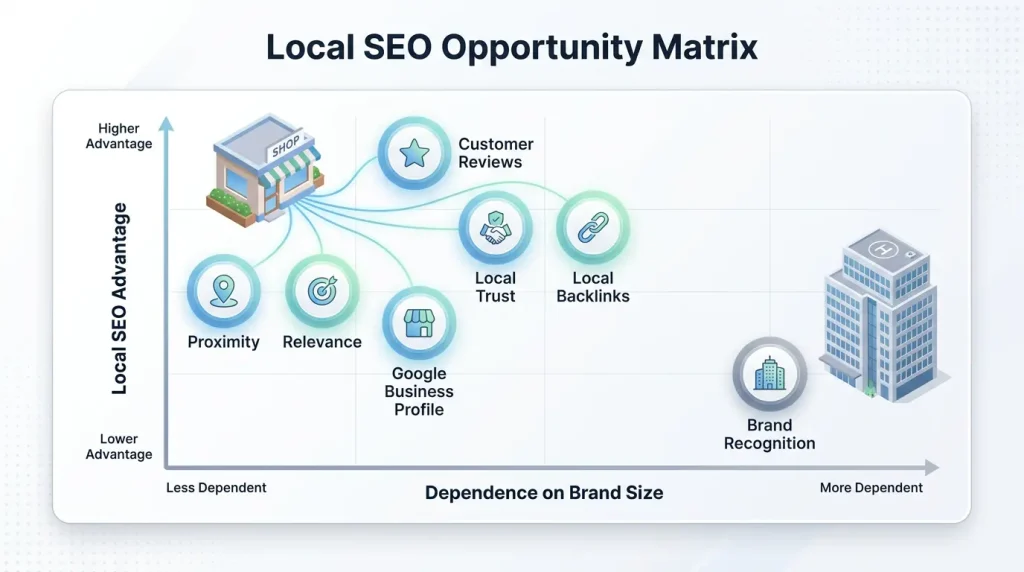 Local SEO Opportunity Matrix infographic showing six ranking factors (Proximity, Relevance, Customer Reviews, Google Business Profile, Local Trust, Local Backlinks) clustered in the high-advantage, low-brand-dependence quadrant, versus Brand Recognition positioned as more dependent on brand size with lower local SEO advantage.