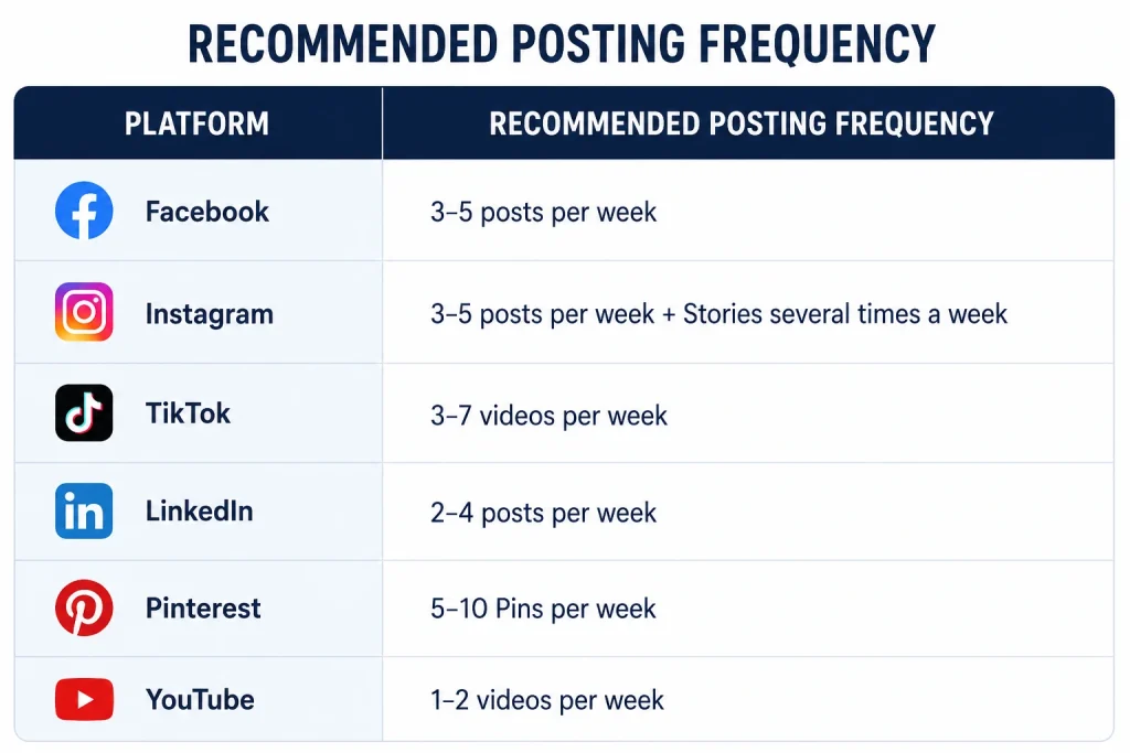 Recommended social media posting frequency for small businesses across popular social media platforms.