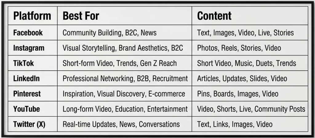 comparison chart showing the best platforms, business goals, and content types for each channel.