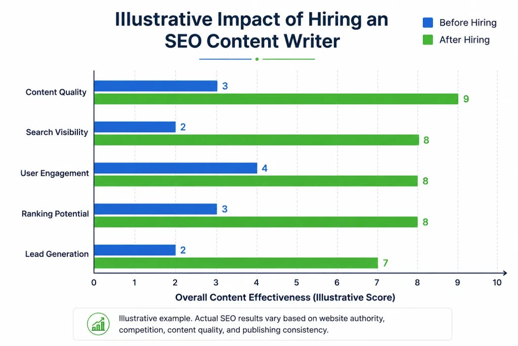 Bar chart comparing illustrative content quality, search visibility, user engagement, ranking potential, and lead generation before and after hiring an SEO content writer