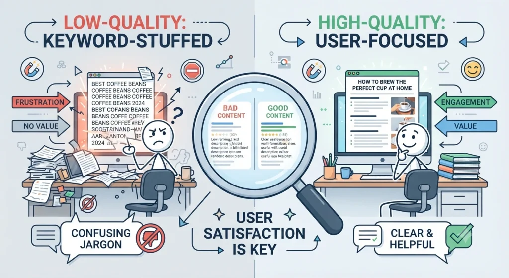 SEO content quality comparison showing keyword-stuffed content versus user-focused content