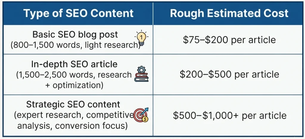 Table showing estimated SEO content writing costs for basic, in-depth, and strategic SEO articles